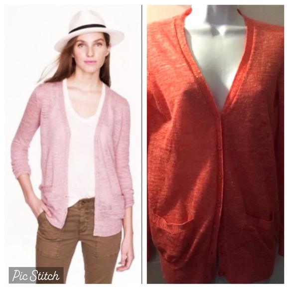 J. CREW Marled Linen Knit Cardigan Sweater Coral Pink Orange VNeck Layering Knit - Picture 1 of 10